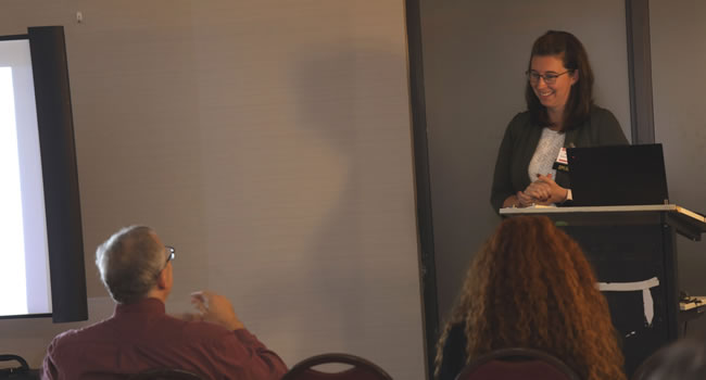 Angela Lambert of Clarion Safety fields questions during her lecture 'Maximizing On-Product Warnings'